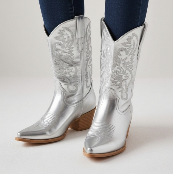 Silver Embroidered Women's Cowboy Boots - Picture 1 of 4